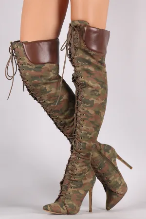 Liliana Camouflage Pointy Toe Lace-Up Over-The-Knee Boots