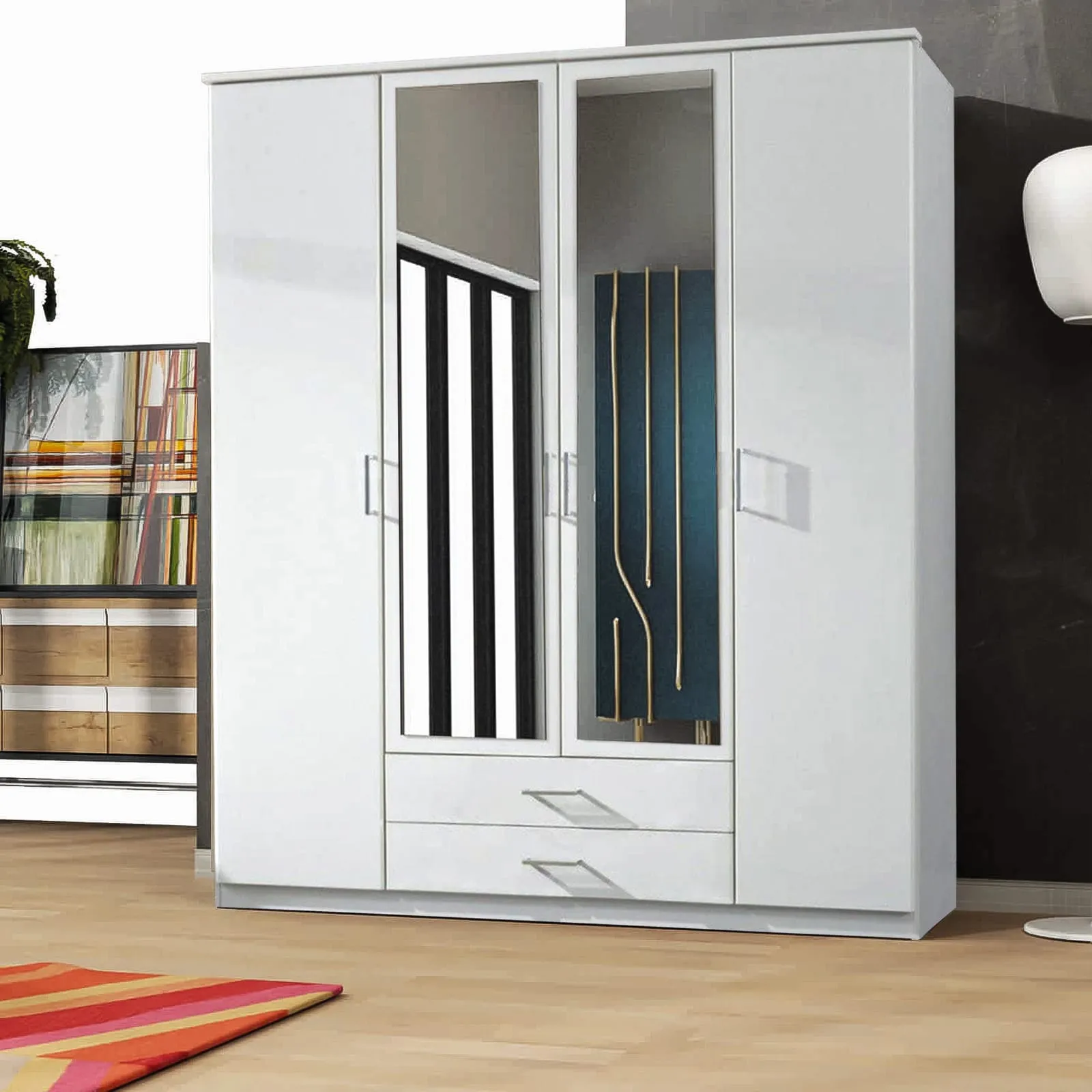 London 4-Door Wardrobe - Spacious and Elegant with Mirror Finish