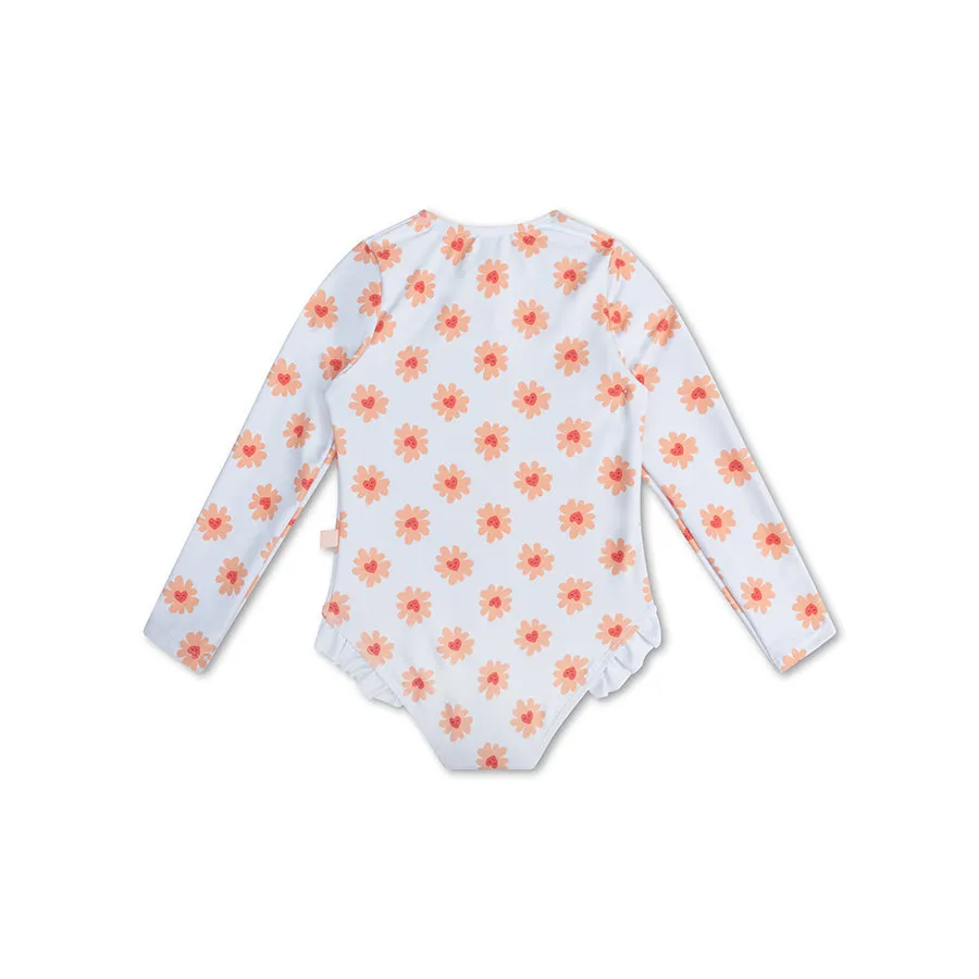 Long Sleeve Flower Hearts Print Girl Rashguard Swimsuit