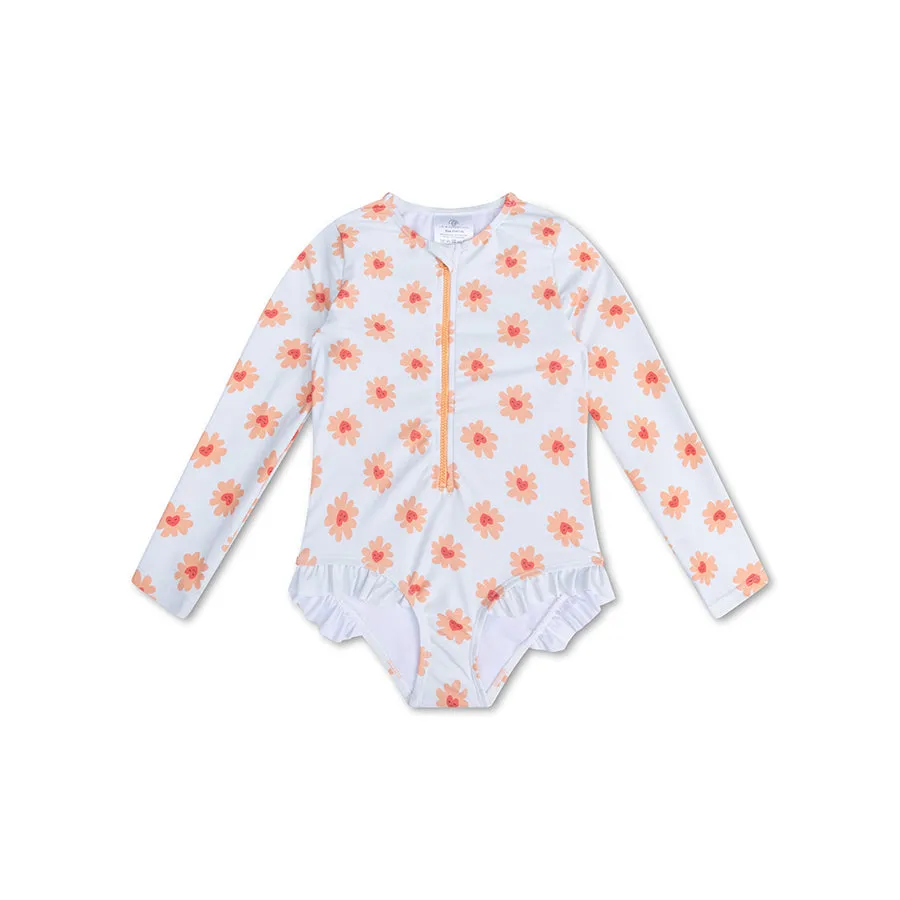 Long Sleeve Flower Hearts Print Girl Rashguard Swimsuit