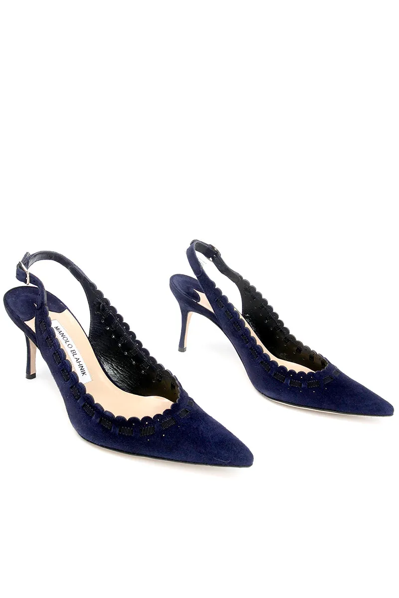 Manolo Blahnik Blue Suede Scalloped Slingback Shoes