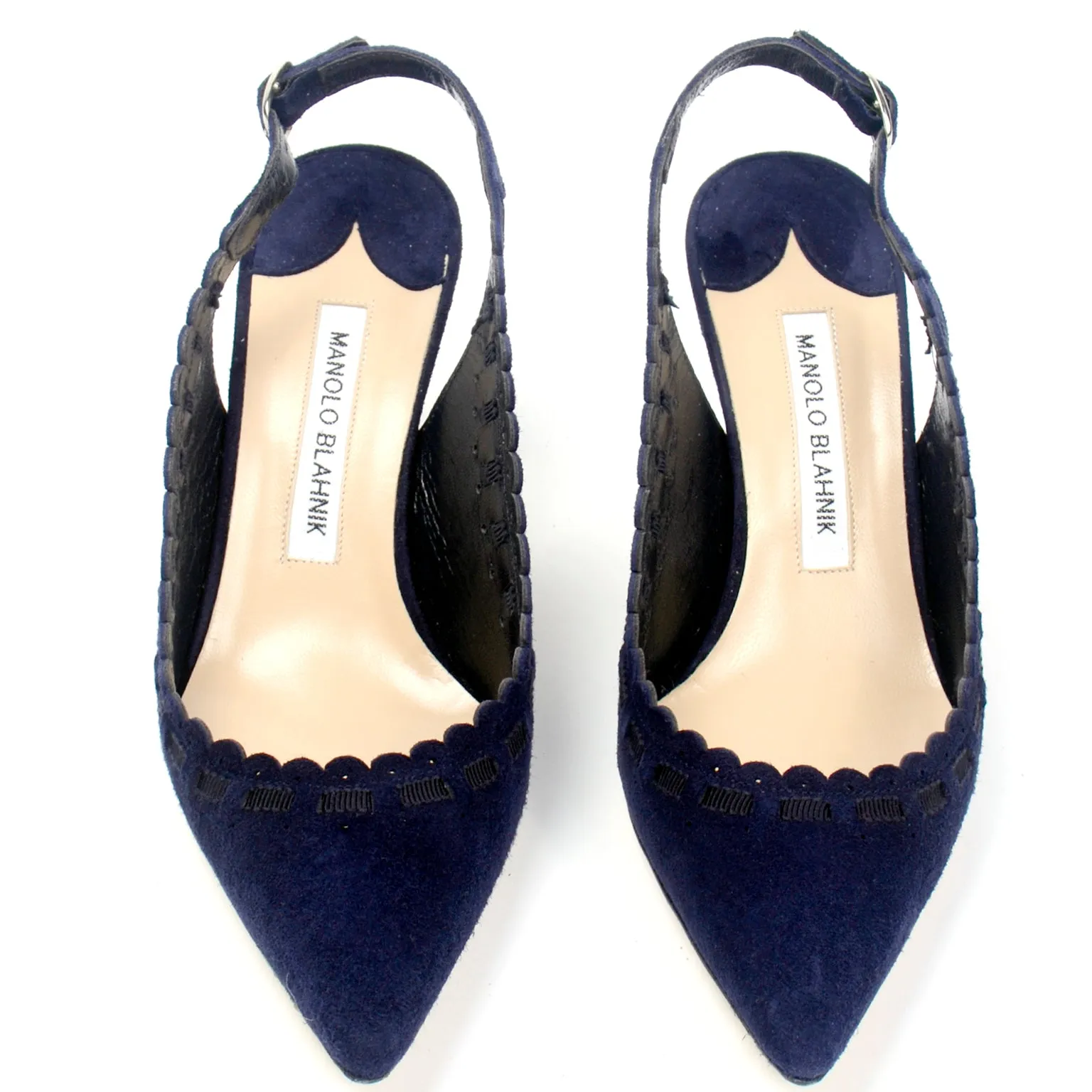 Manolo Blahnik Blue Suede Scalloped Slingback Shoes