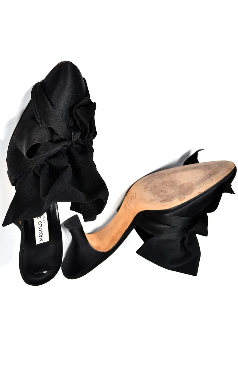 Manolo Blahnik Vintage Shoes Rare 1980s Vintage Black Ruffled Mules