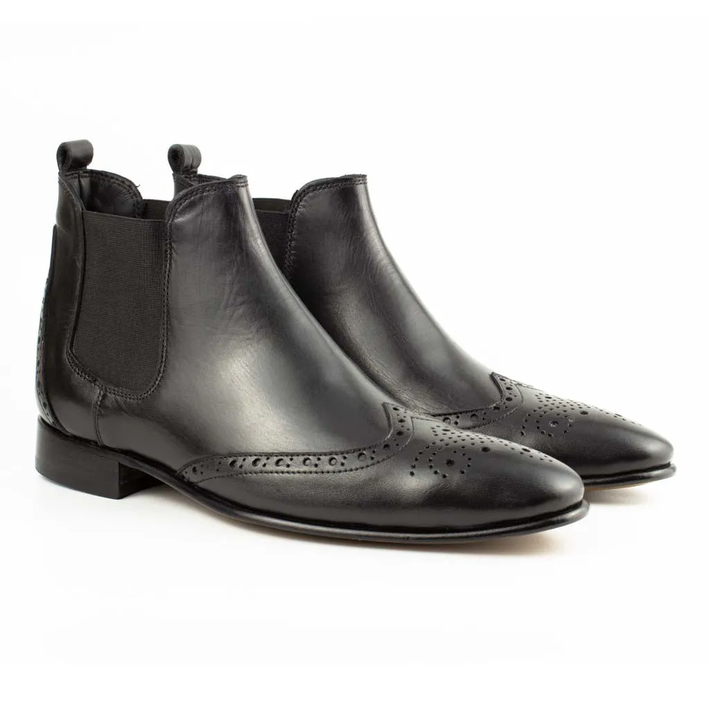 Milano Black Men's Wingtip Chelsea Genuine Leather Boots - Leather Sole