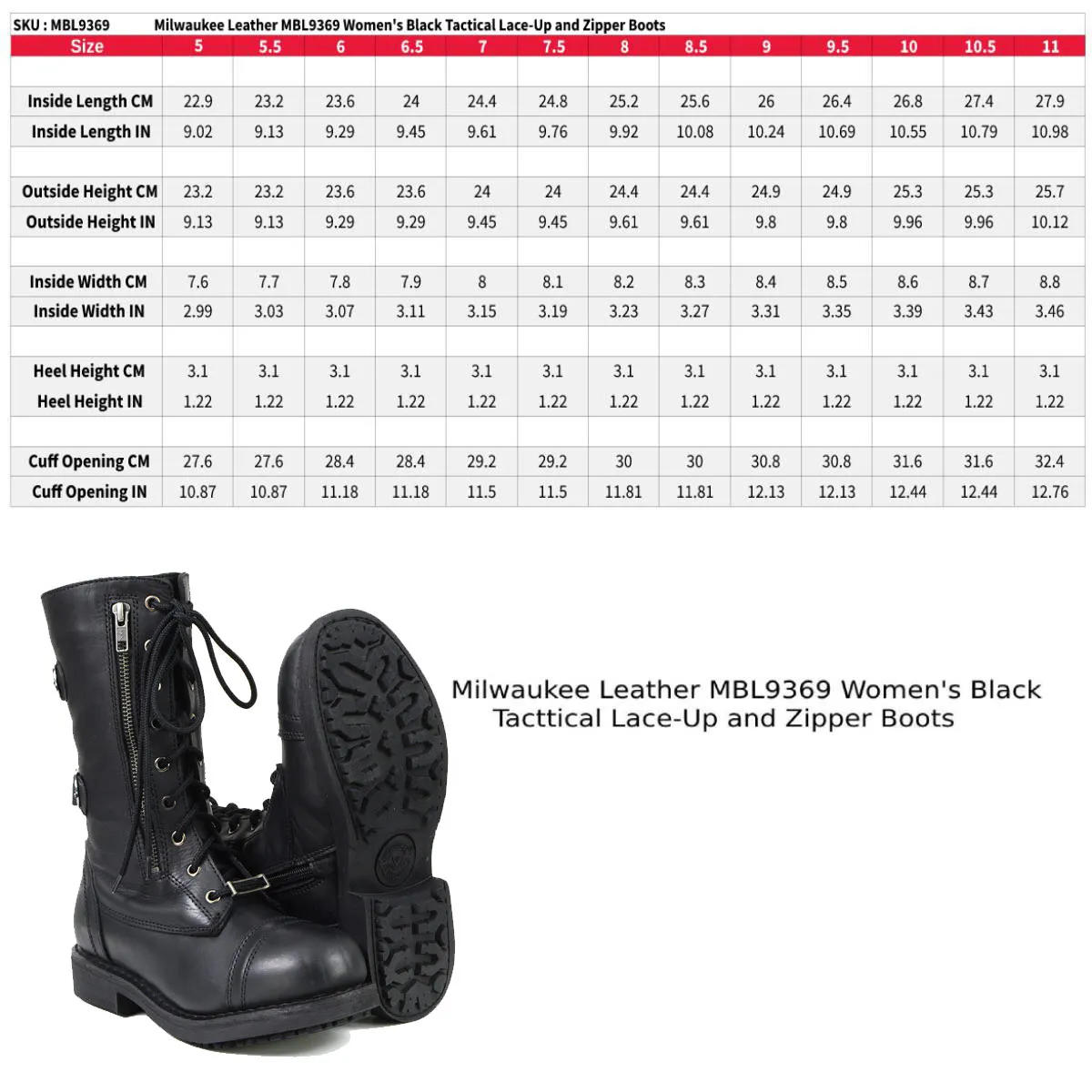 Milwaukee Leather MBL9369 Women's ‘Graze’ Black Leather Lace-Up Boots with Zipper Pocket