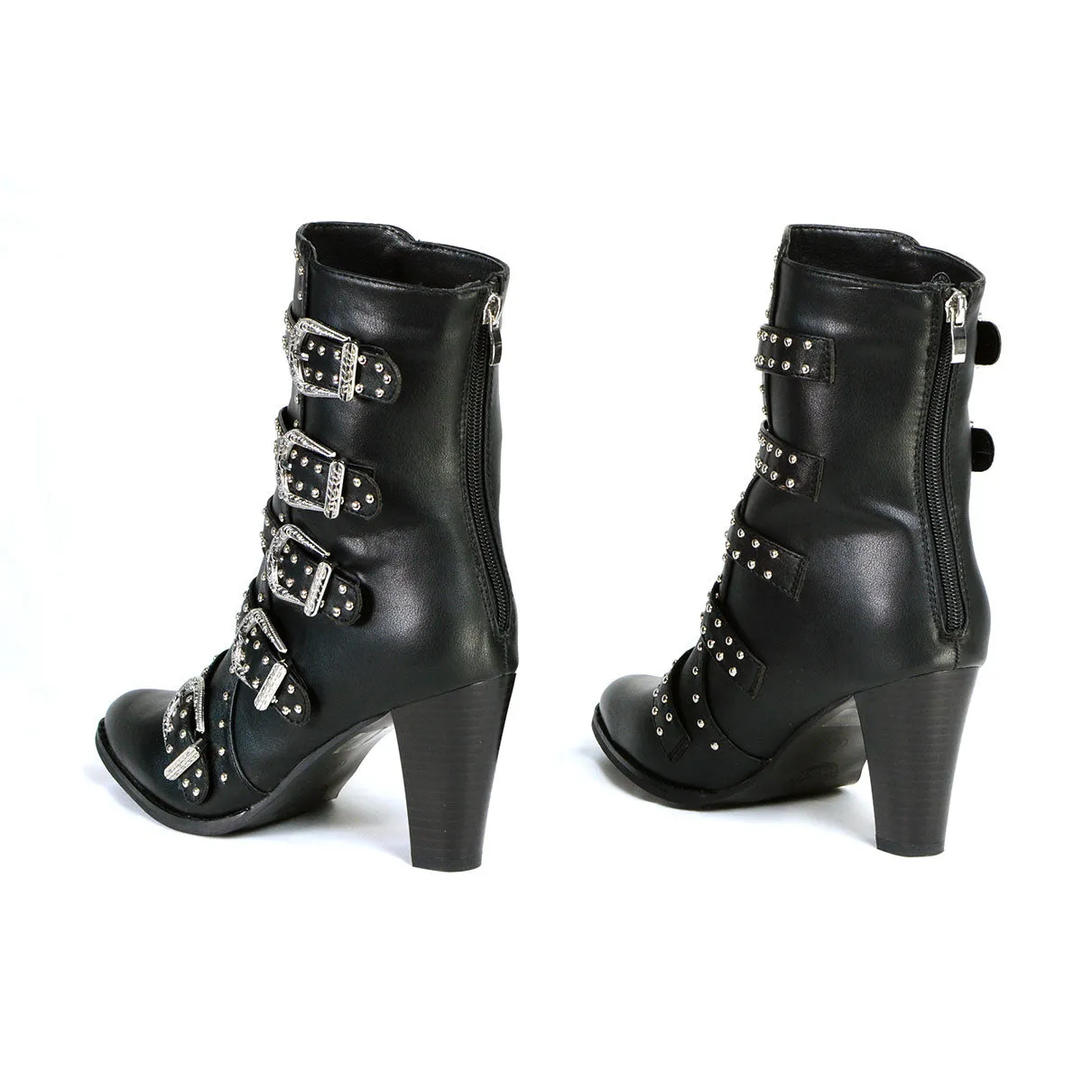 Milwaukee Leather MBL9428 Women's Black Buckle Up Fashion Boots with Studded Bling