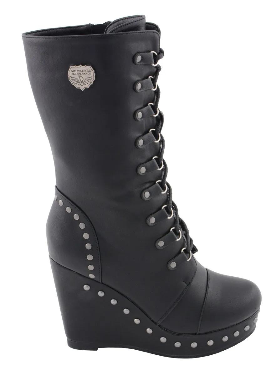 Milwaukee Leather MBL9438 Women's Black Tall Lace-Up Fashion Casual Boots with Platform Wedge