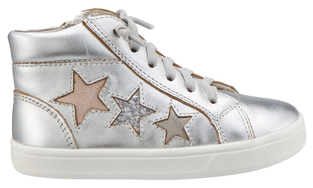 Old Soles Girl's and Boy's 6033 Stardom Silver Smooth Leather with Stars Elastic Lace Side Zipper High Top Sneaker