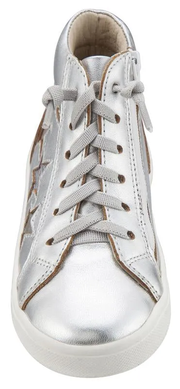 Old Soles Girl's and Boy's 6033 Stardom Silver Smooth Leather with Stars Elastic Lace Side Zipper High Top Sneaker