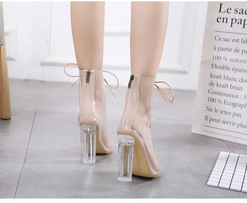 Open Toe Lace-Up Transparent Ankle Boots