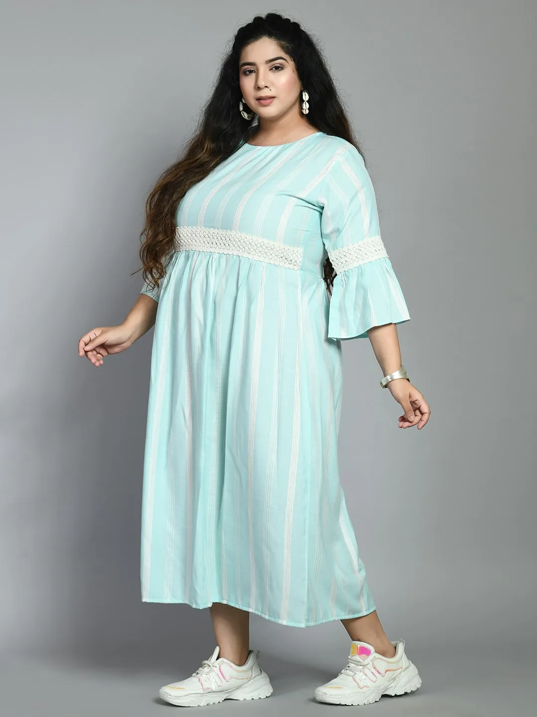 Plus Size Plus Size Sea Green Striped Lace Dress