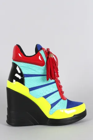 Privileged Colorblock Snake Tassel Lace Up High Top Wedge Sneaker