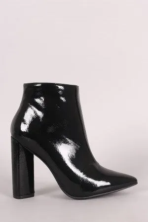 Qupid Crinkle Patent Pointy Toe Chunky Heeled Ankle Boots