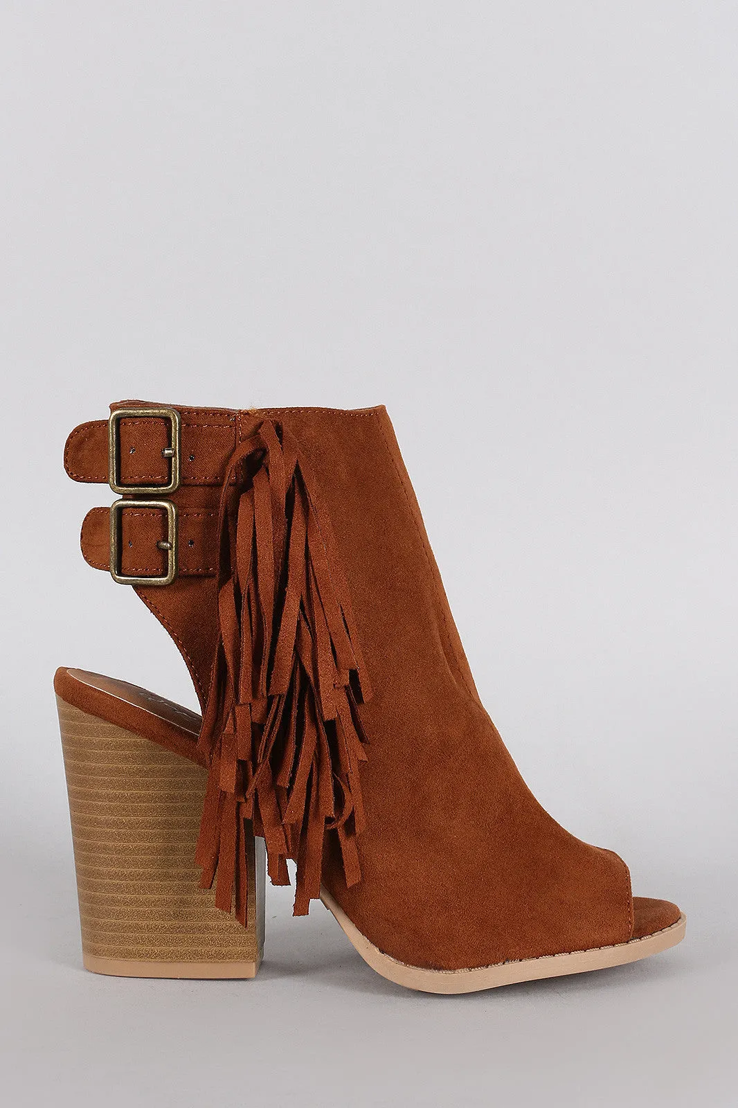 Qupid Falling Fringe Buckle Chunky Heel Mule