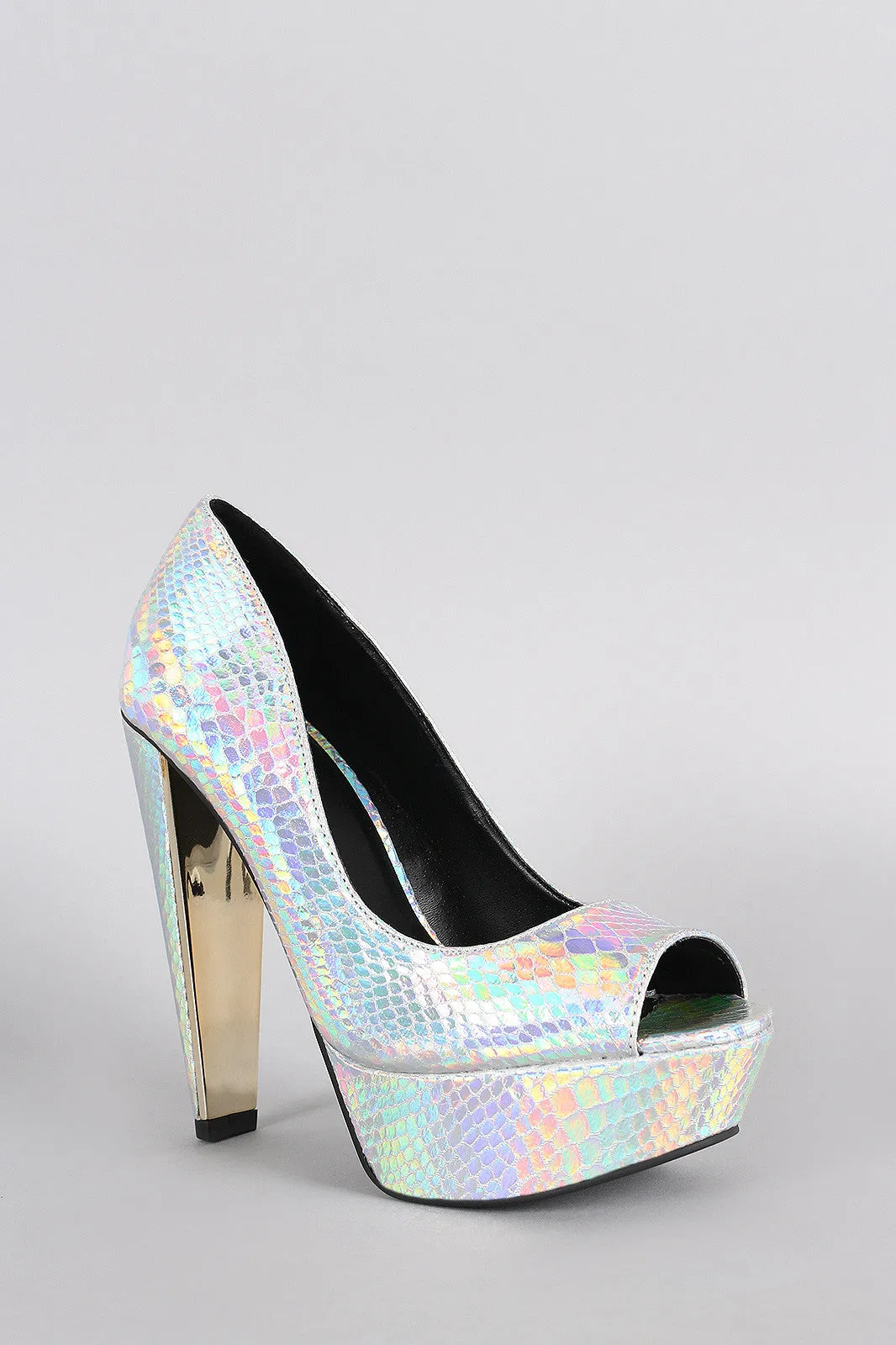 Qupid Iridescent Snakeskin Peep Toe Platform Pump