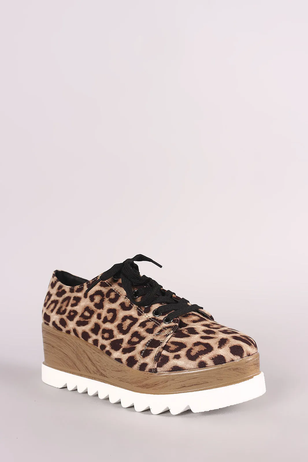 Qupid Leopard Oxford Lace Up Lug Sole Platform Wedge