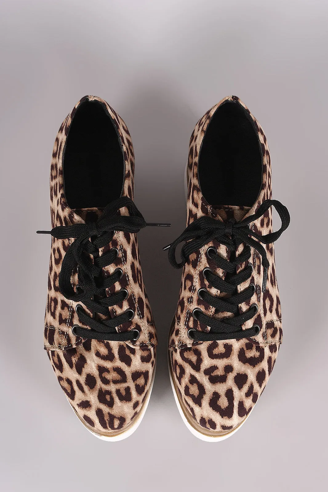 Qupid Leopard Oxford Lace Up Lug Sole Platform Wedge