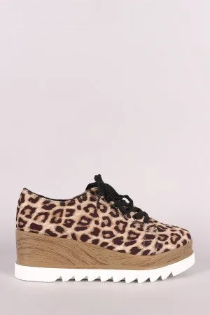 Qupid Leopard Oxford Lace Up Lug Sole Platform Wedge