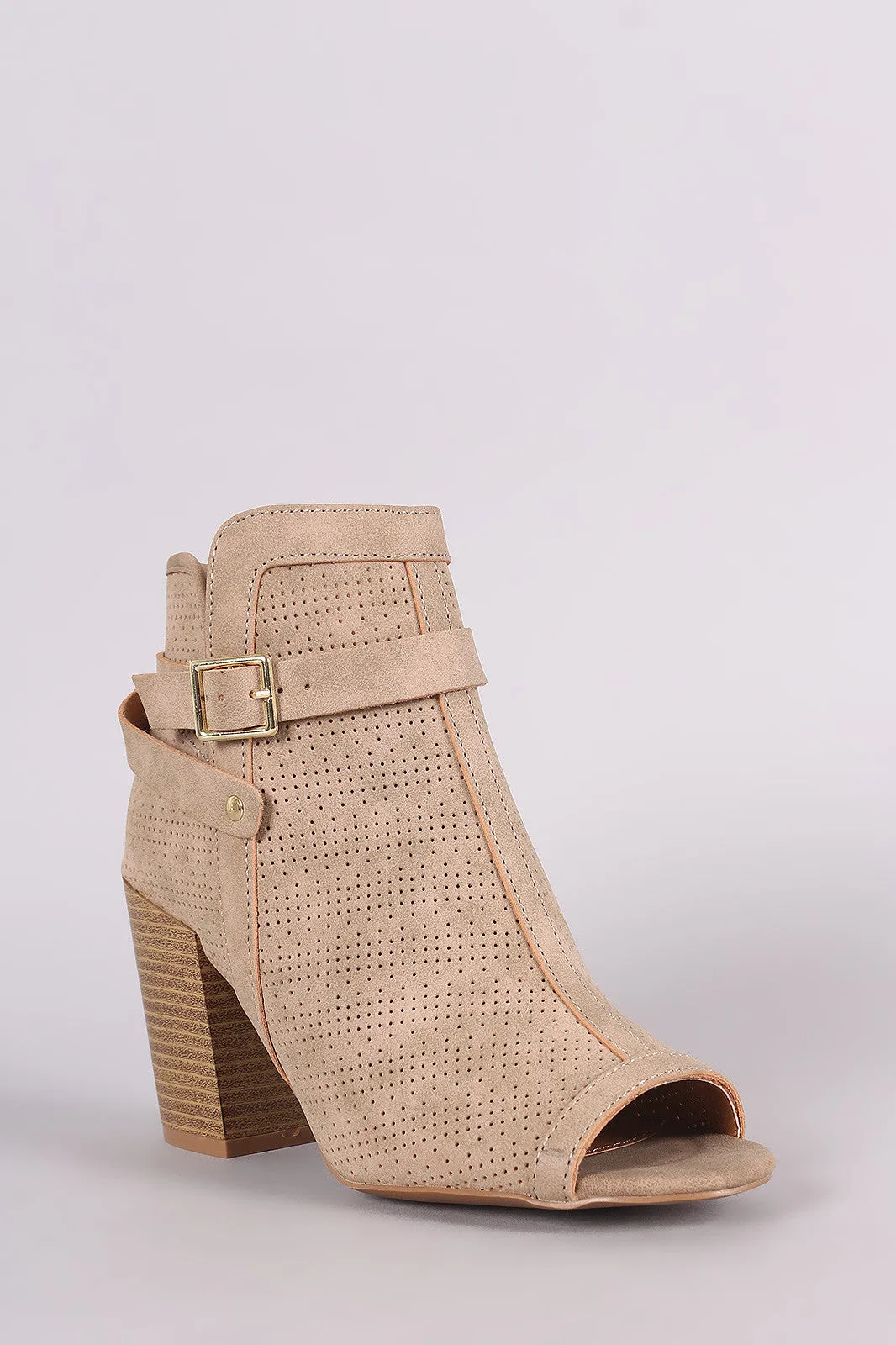 Qupid Perforated Nubuck Peep Toe Chunky Heeled Booties