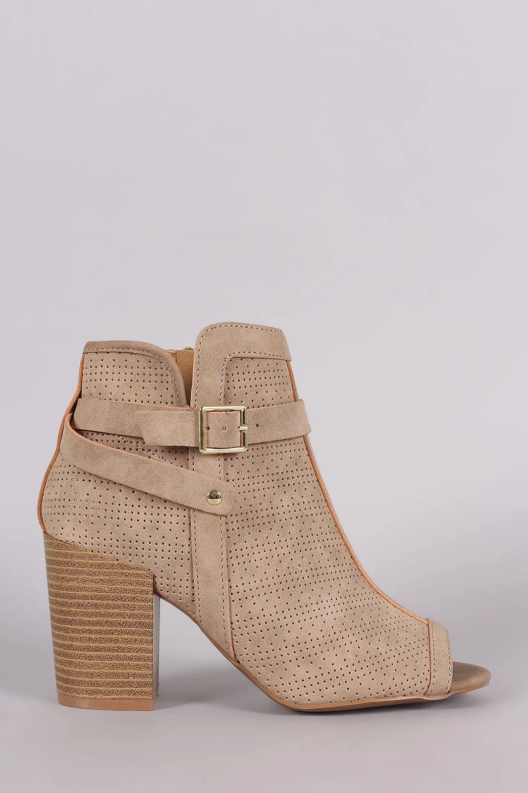 Qupid Perforated Nubuck Peep Toe Chunky Heeled Booties