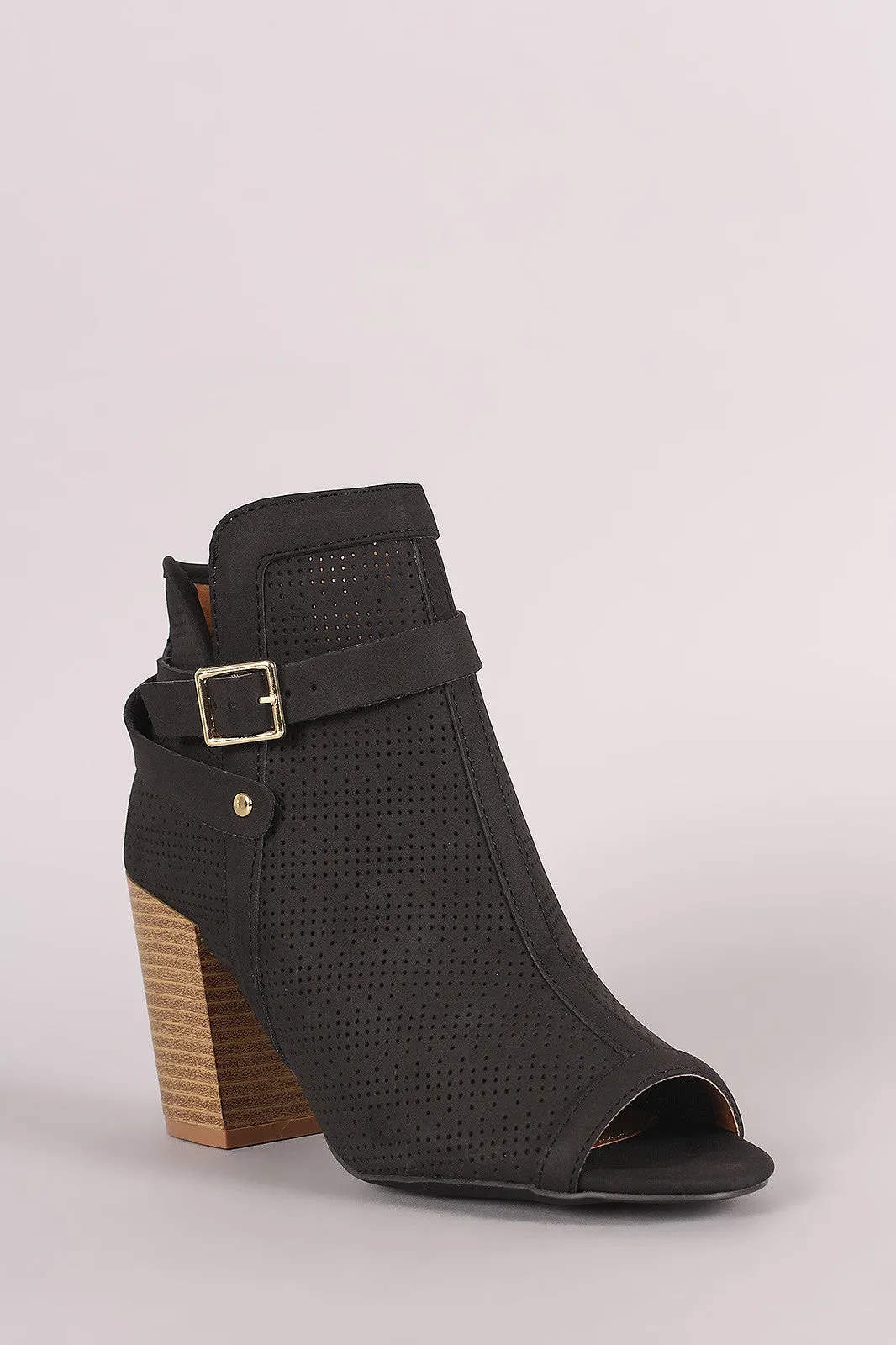 Qupid Perforated Nubuck Peep Toe Chunky Heeled Booties