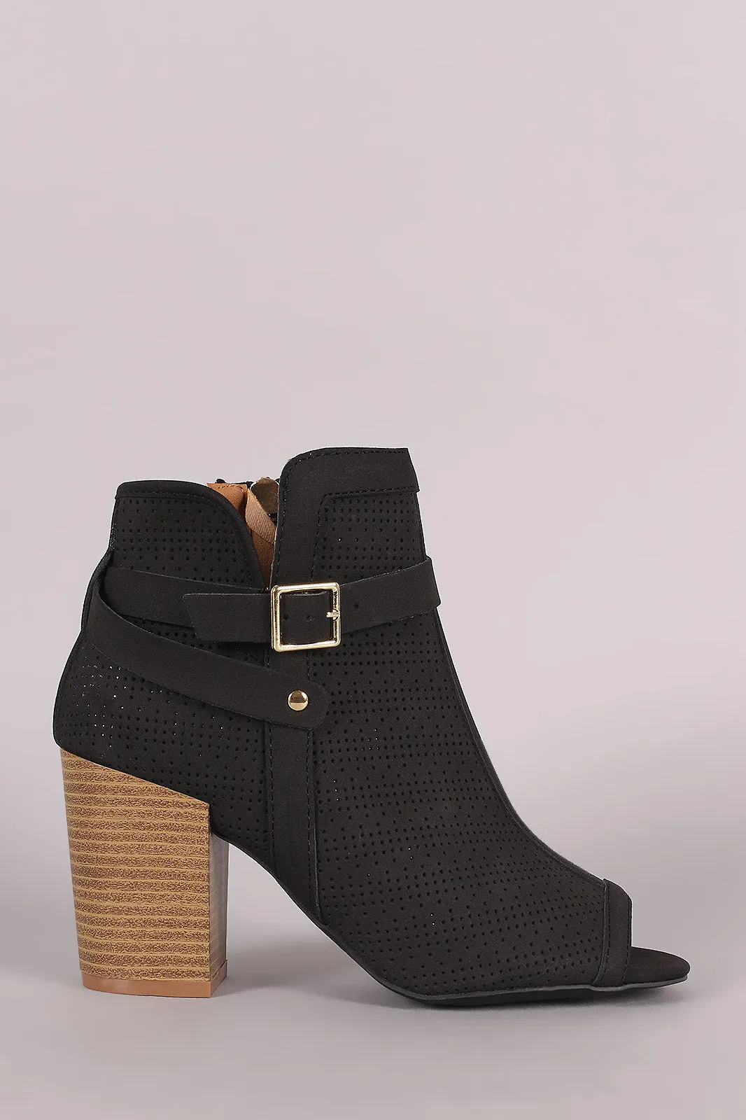 Qupid Perforated Nubuck Peep Toe Chunky Heeled Booties