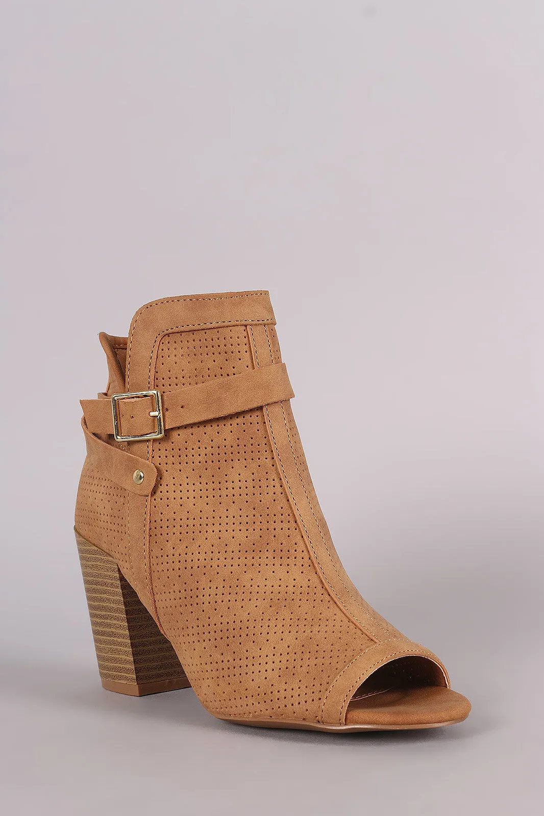 Qupid Perforated Nubuck Peep Toe Chunky Heeled Booties