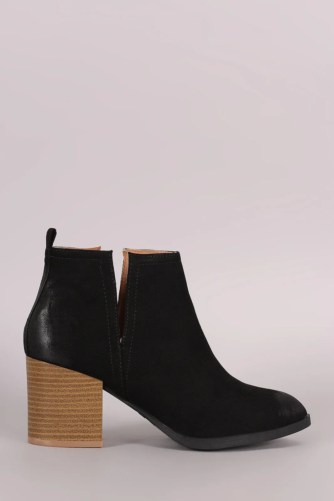 Qupid Suede Side Slit Pointy Toe Chunky Heeled Booties