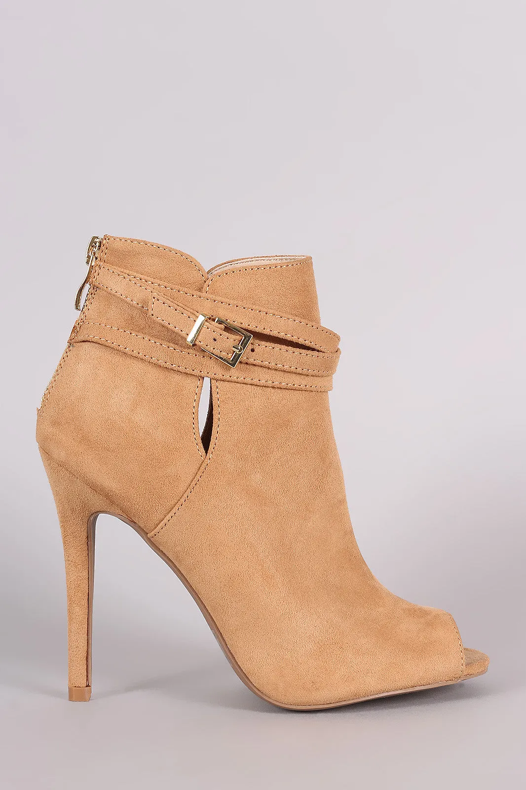 Qupid Suede Strappy Buckled Peep Toe Stiletto Booties