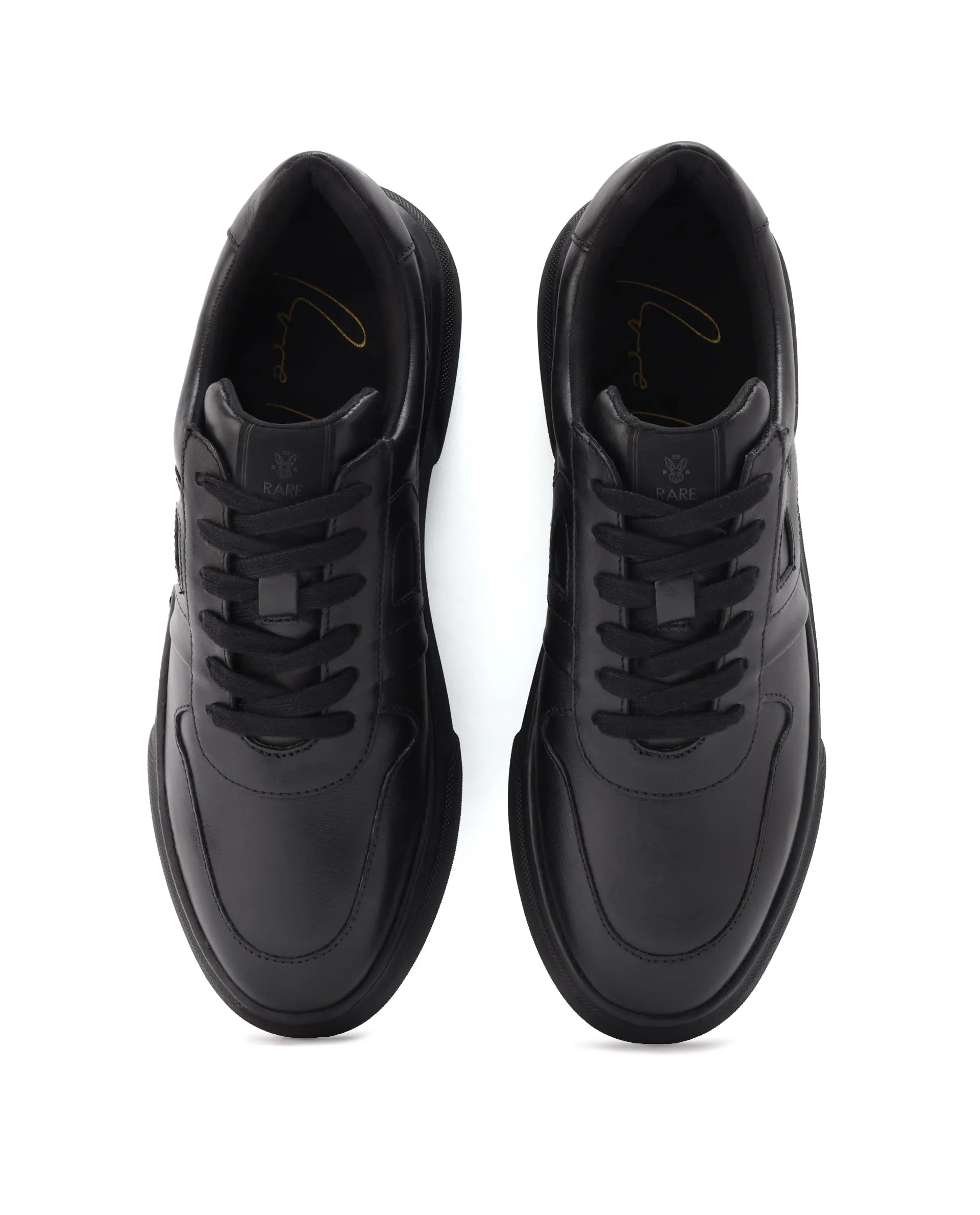 Rare Rabbit Men's Cygnus Black Genuine Leather Monotone Low-top Lace-up Branded Sneaker Shoes