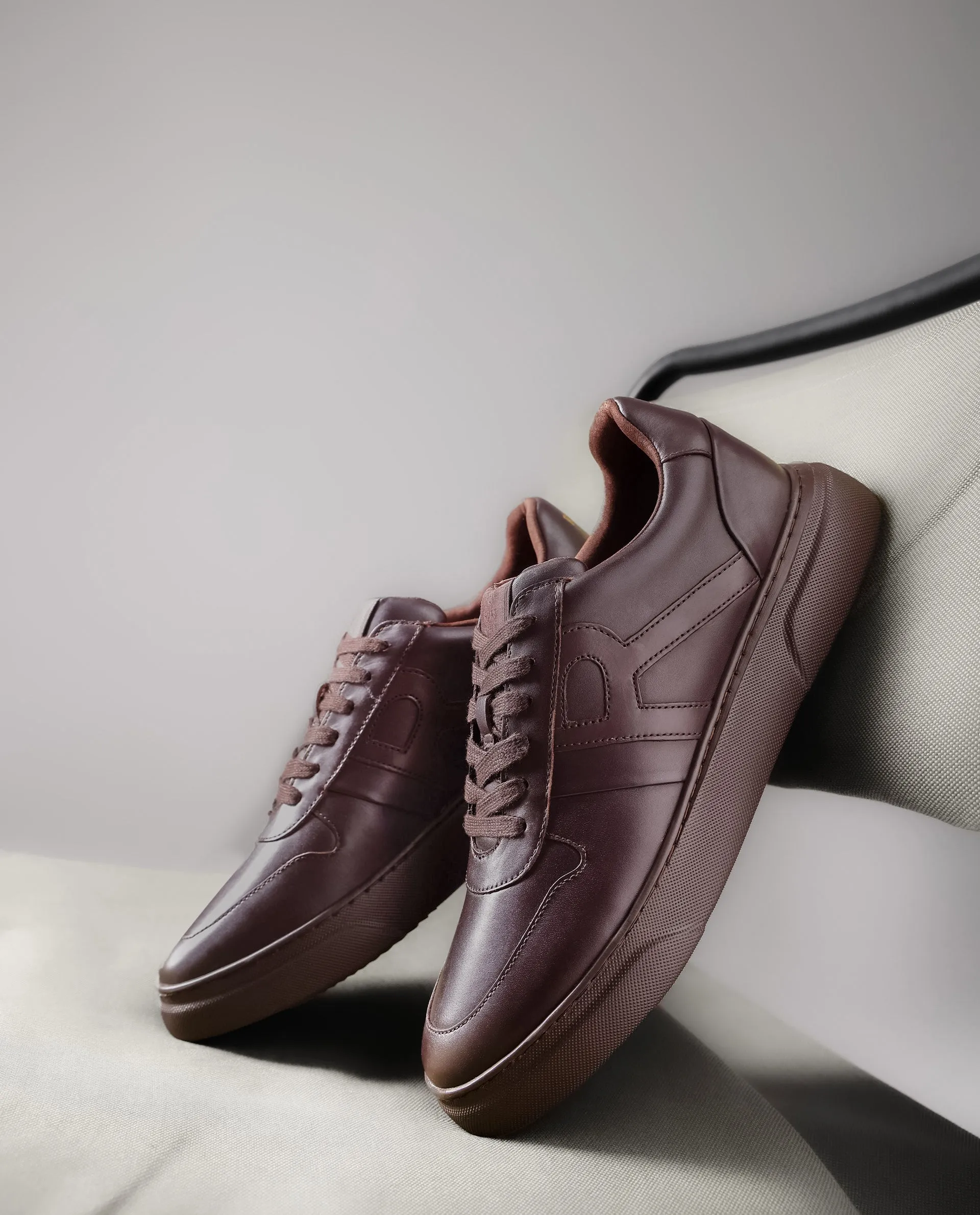 Rare Rabbit Men's Cygnus Dark Brown Genuine Leather Monotone Low-top Lace-up Branded Sneaker Shoes