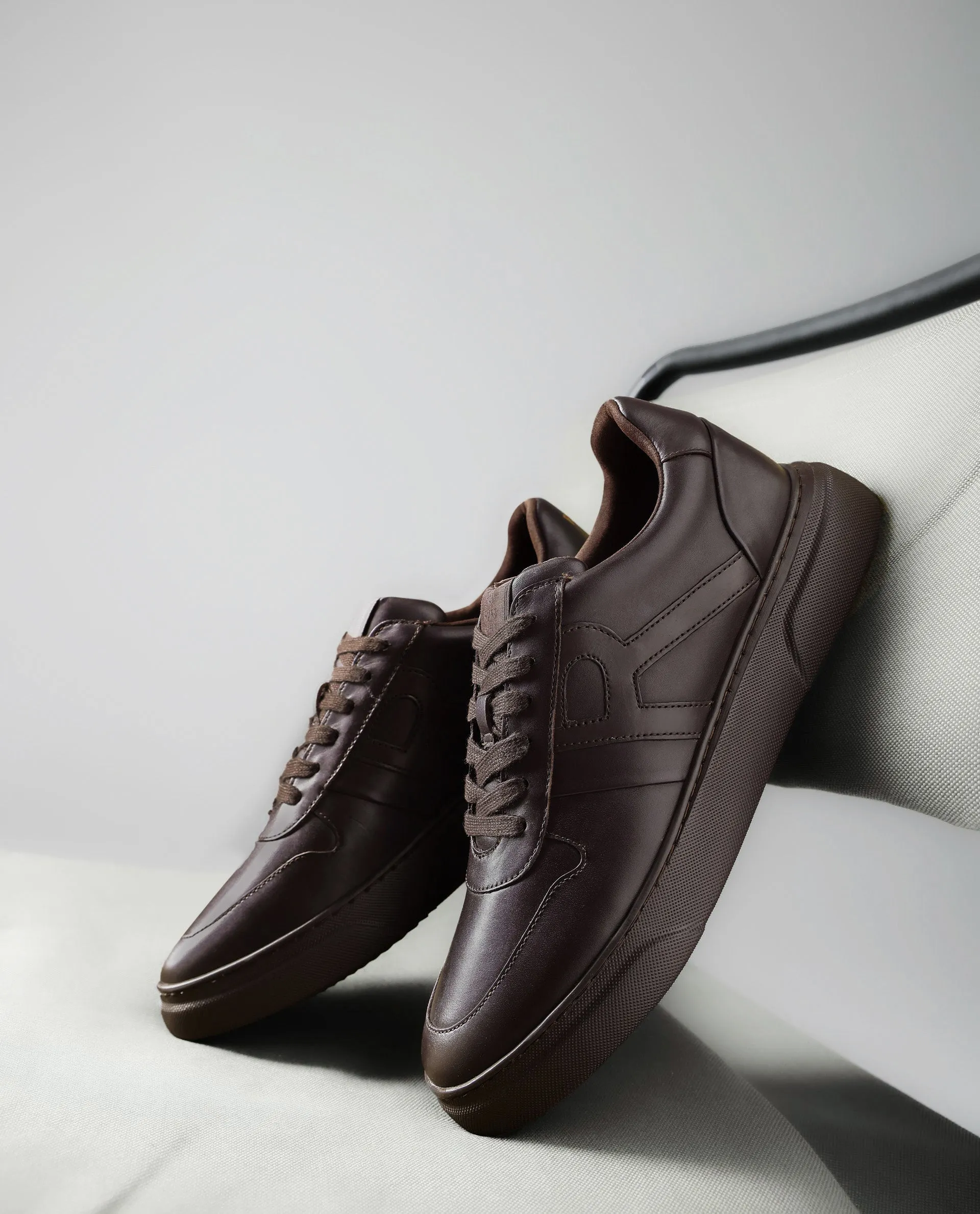 Rare Rabbit Men's Cygnus Dark Brown Genuine Leather Monotone Low-top Lace-up Branded Sneaker Shoes