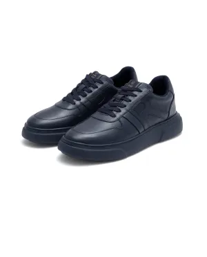 Rare Rabbit Men's Cygnus Navy Genuine Leather Monotone Low-top Lace-up Branded Sneaker Shoes