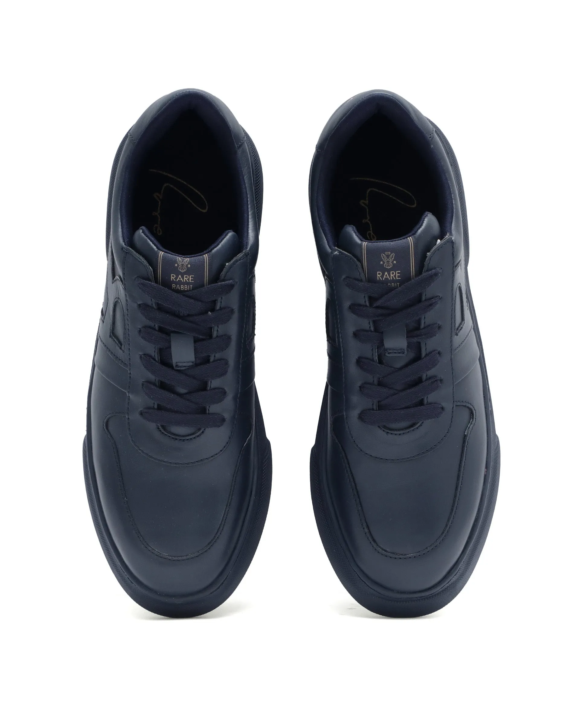 Rare Rabbit Men's Cygnus Navy Genuine Leather Monotone Low-top Lace-up Branded Sneaker Shoes