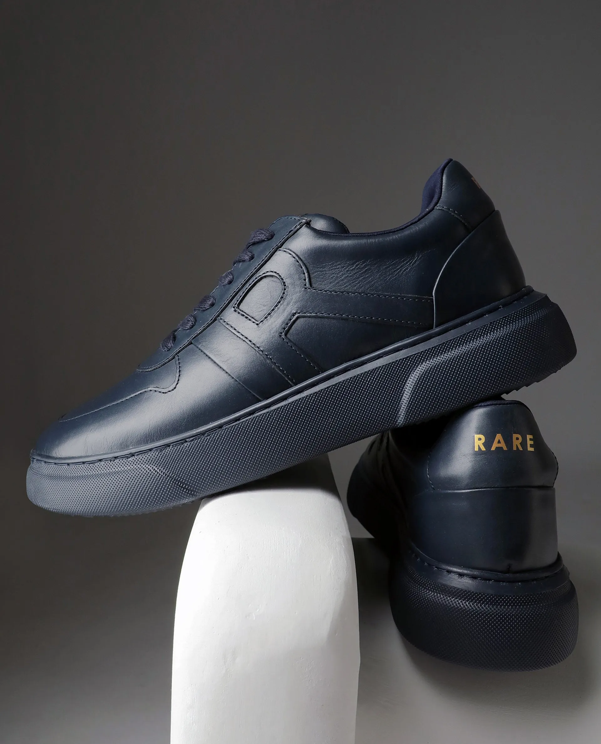 Rare Rabbit Men's Cygnus Navy Genuine Leather Monotone Low-top Lace-up Branded Sneaker Shoes