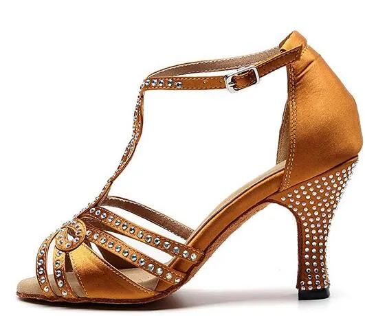 Rhinestone Ballroom Dance Shoes Tan Latin Salsa Dancing Shoes