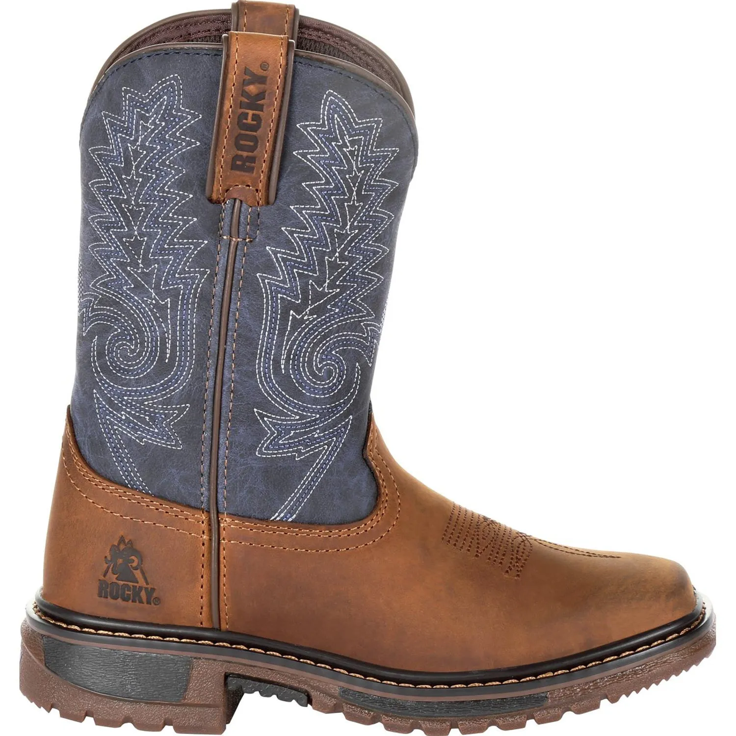 Rocky Kids Boys Denim Brown Leather Ride FLX Western Cowboy Boots