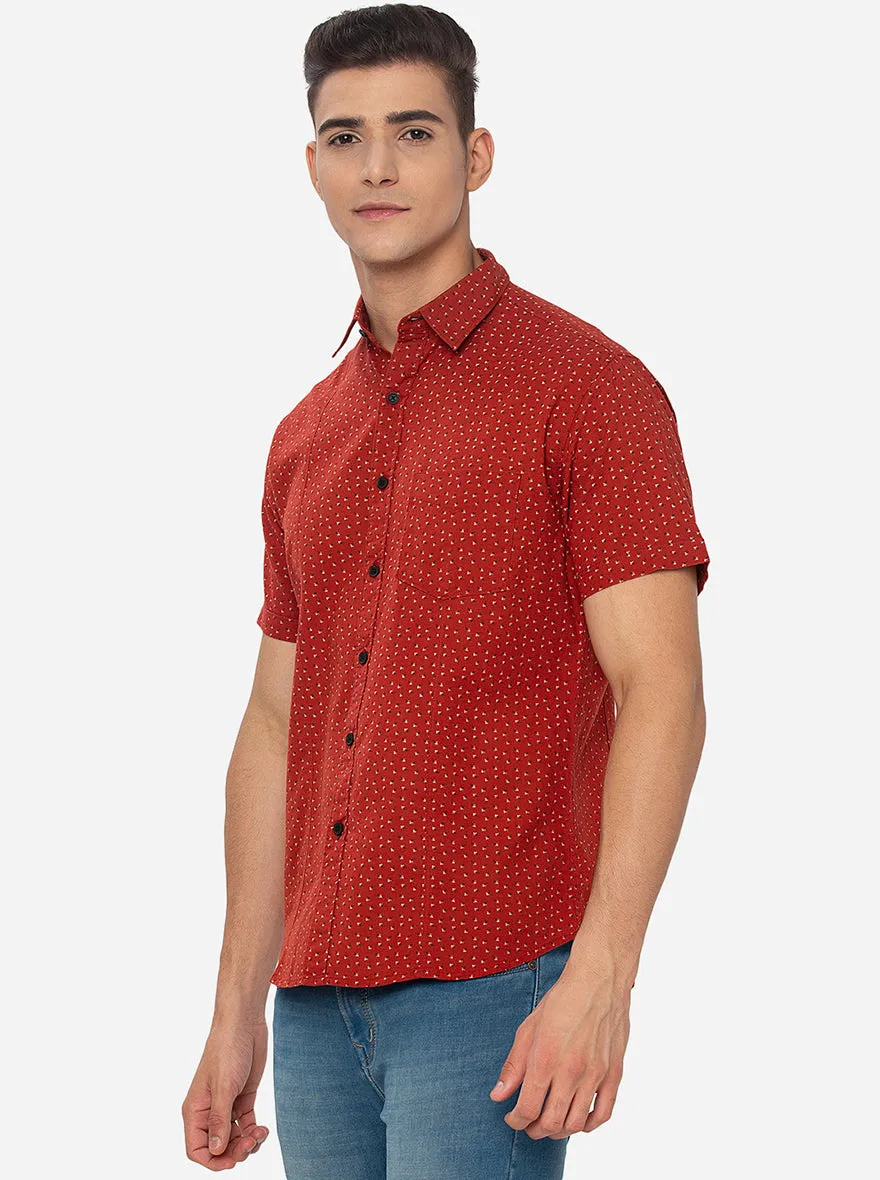 Rust Printed Slim Fit Semi Casual Shirt | Greenfibre