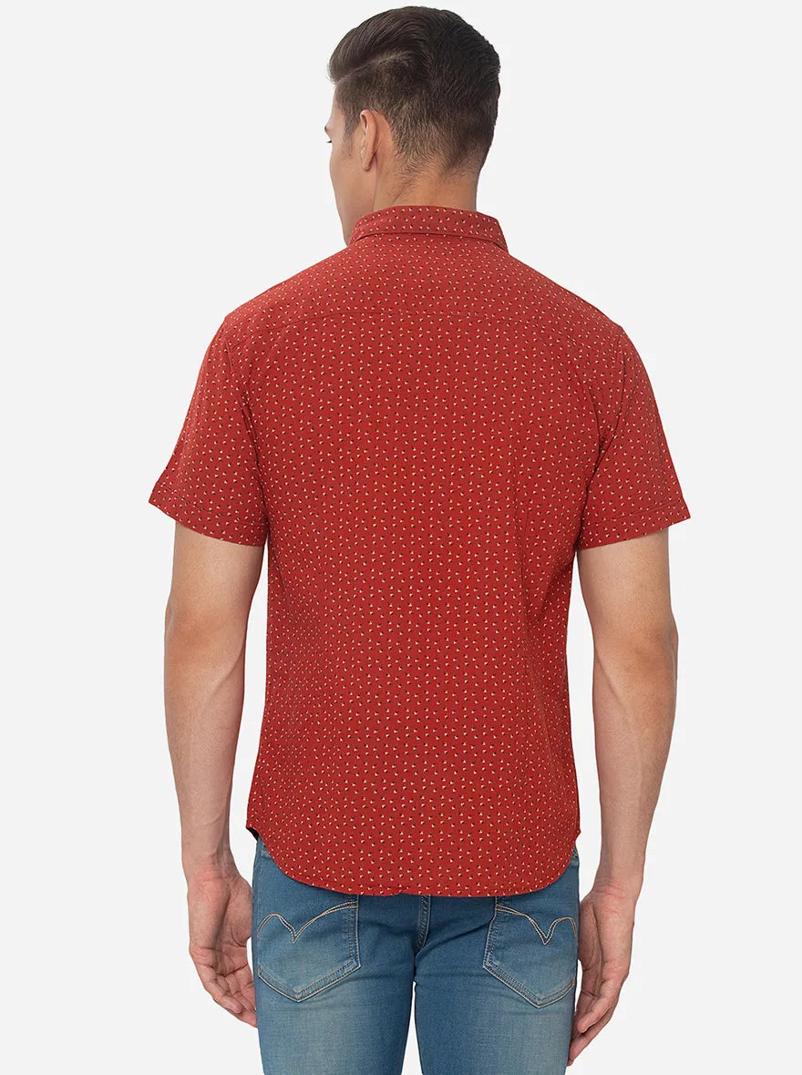 Rust Printed Slim Fit Semi Casual Shirt | Greenfibre