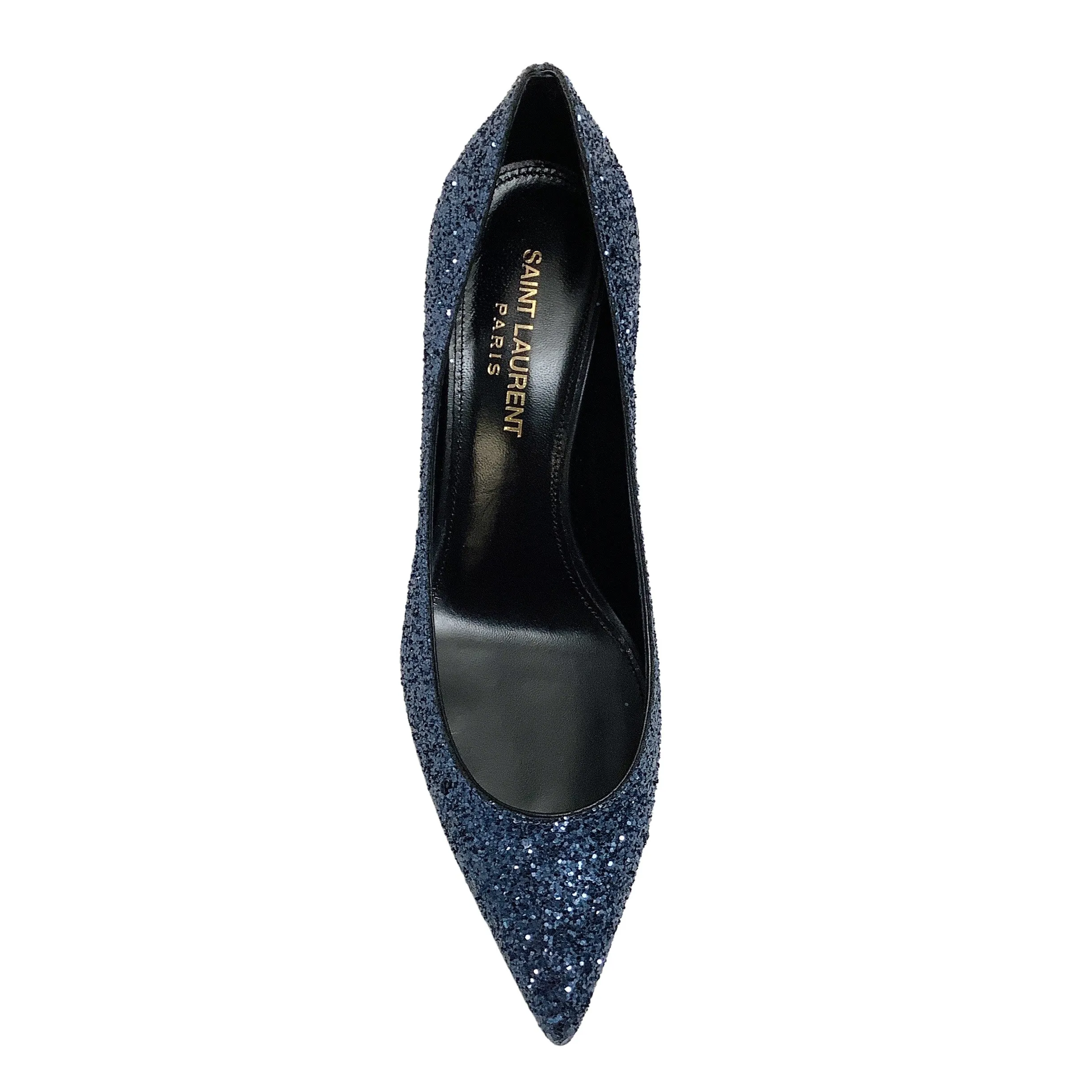 Saint Laurent Navy Blue Glitter Charlotte Pumps