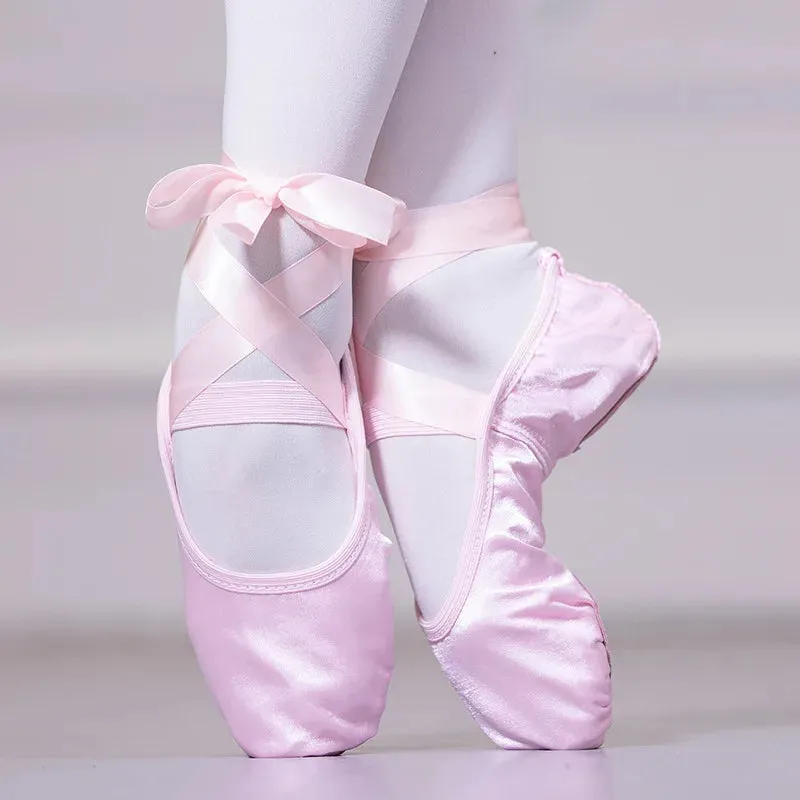 Satin Ballet with Ribbon Straps Round Toe Indoor Yoga Adult Girls Soft Split Sole Dance Ballerina Shoes