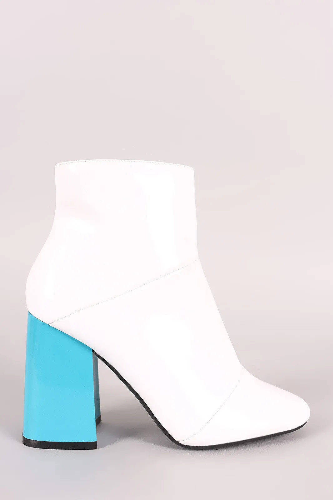 Seamed Contrast Chunky Heeled Patent Ankle Boots