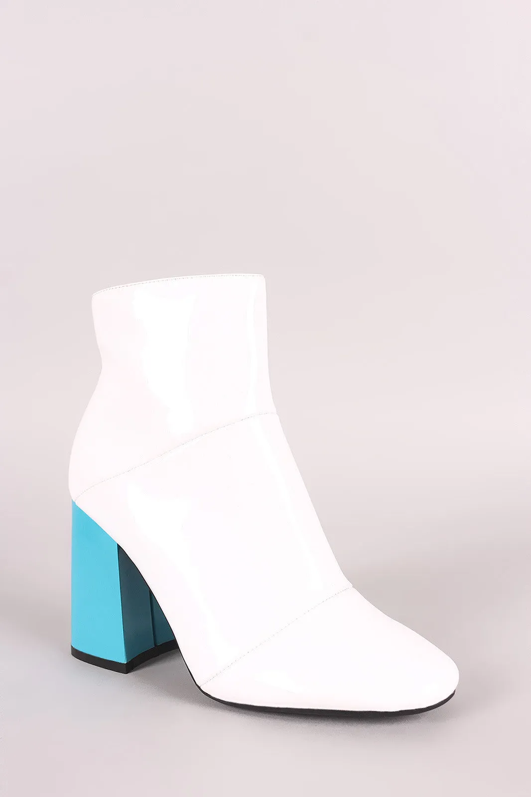 Seamed Contrast Chunky Heeled Patent Ankle Boots