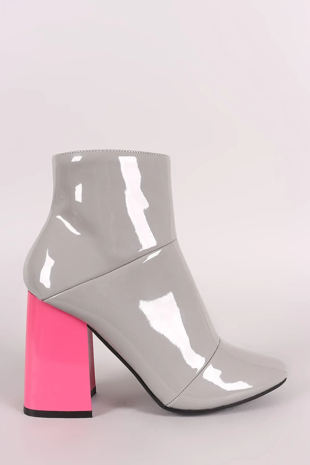 Seamed Contrast Chunky Heeled Patent Ankle Boots