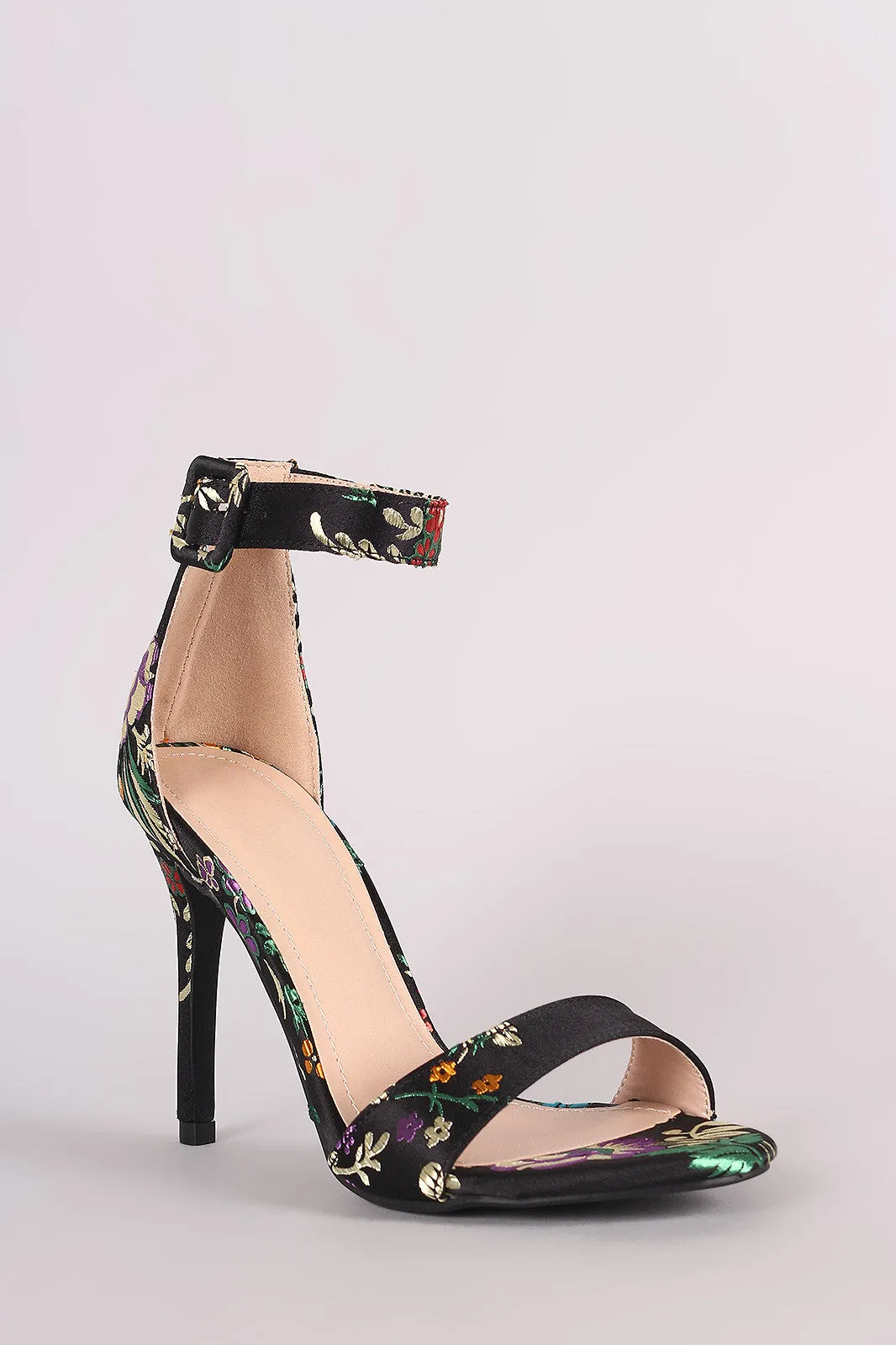 Shoe Republic LA Floral Brocade Satin Ankle Strap Heel