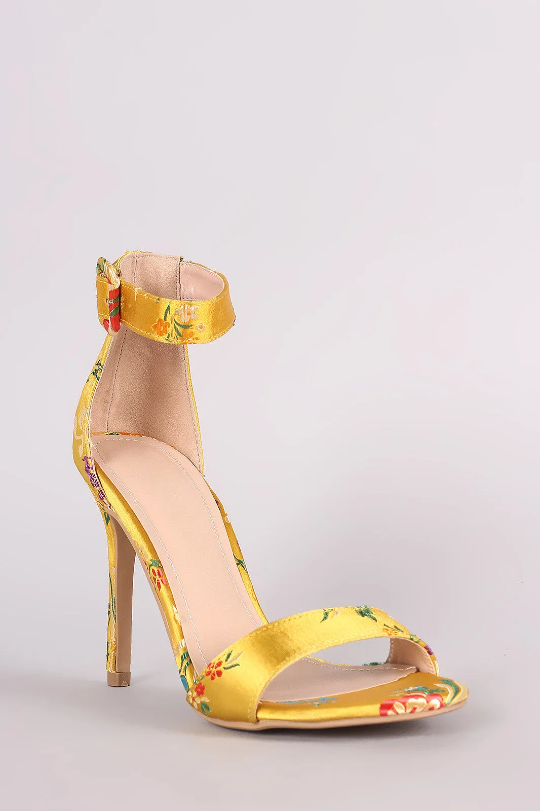 Shoe Republic LA Floral Brocade Satin Ankle Strap Heel