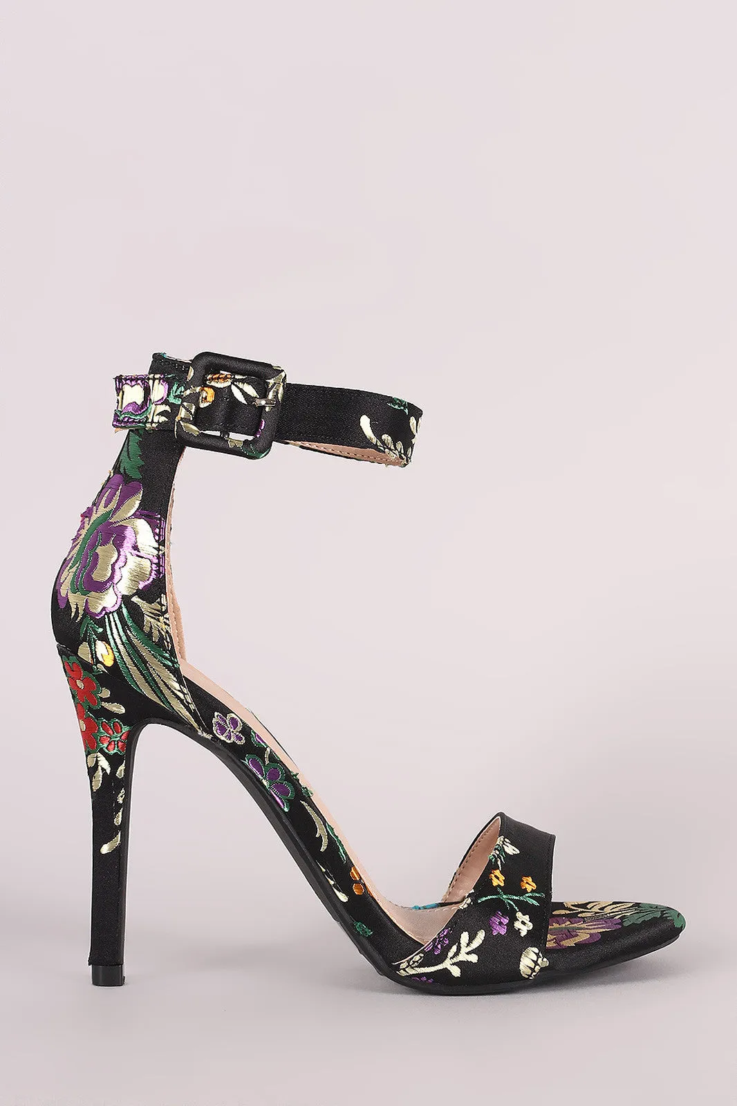 Shoe Republic LA Floral Brocade Satin Ankle Strap Heel