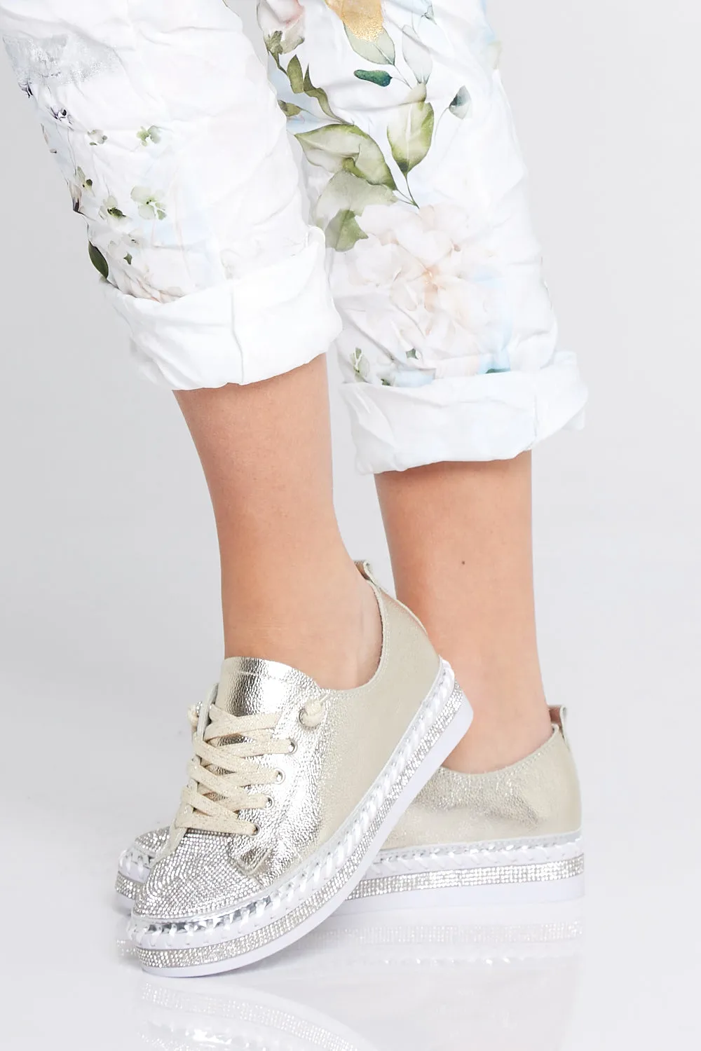 Sia Sparkle Leather Sneakers - Gold/Diamanté