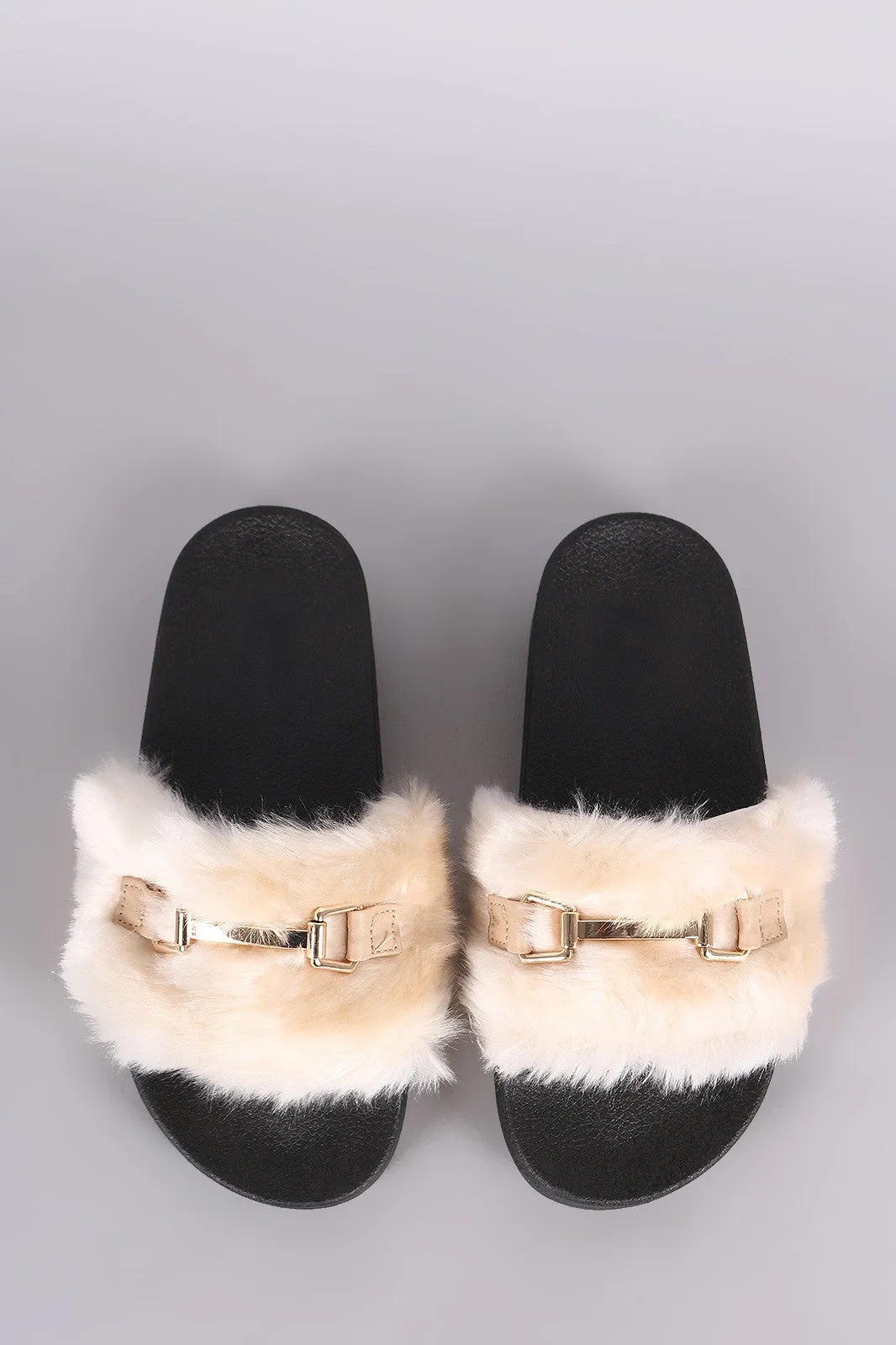 Soda Horsebit Ornament Faux Fur Slide Sandal