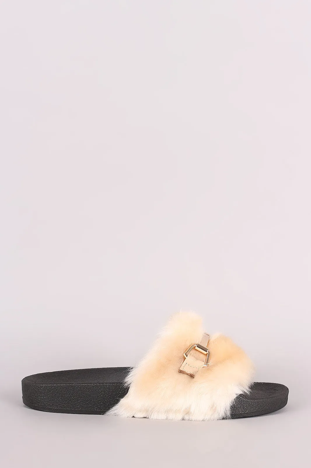 Soda Horsebit Ornament Faux Fur Slide Sandal